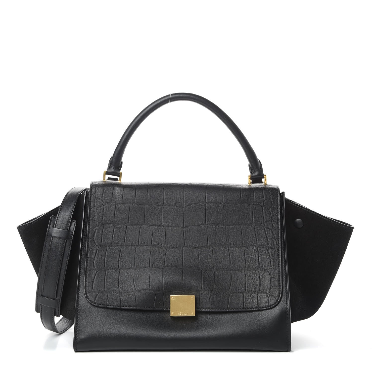 Celine Crocodile Embossed Calfskin Suede Medium Trapeze Black 1 of 19