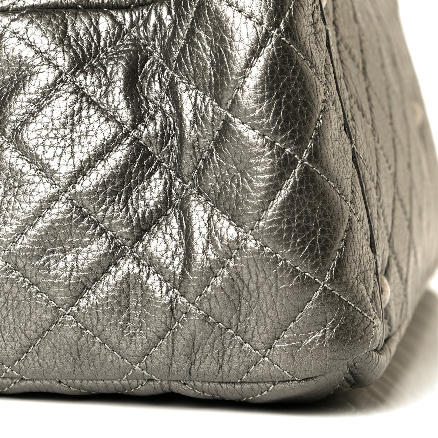 Metallic Calfskin Quilted XXL Travel Flap Bag Dark Silver
