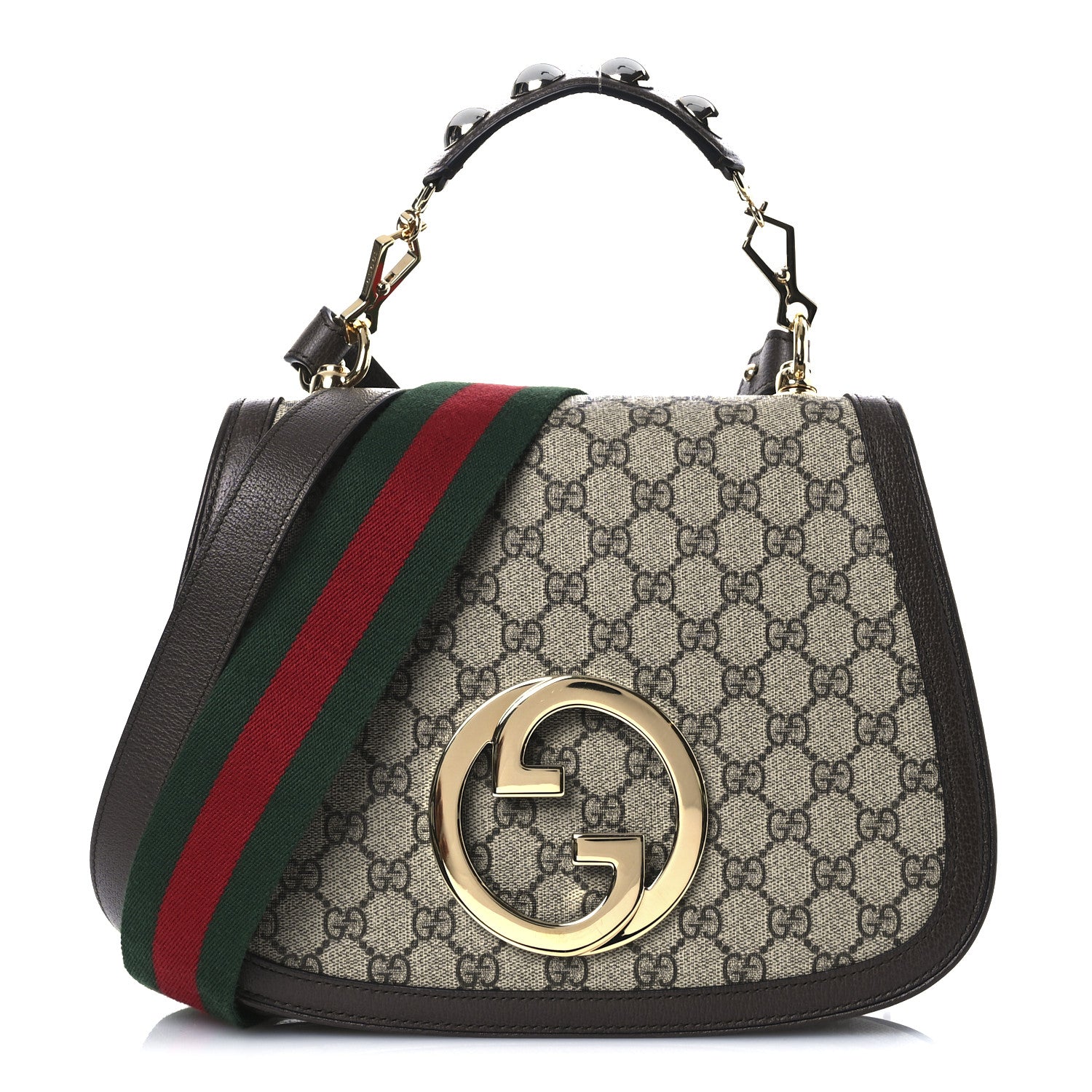 Gucci GG Supreme Monogram Textured Dollar Calfskin Web Medium Blondie Top Handle Shoulder Flap Bag Beige Ebony New Acero 1 of 10