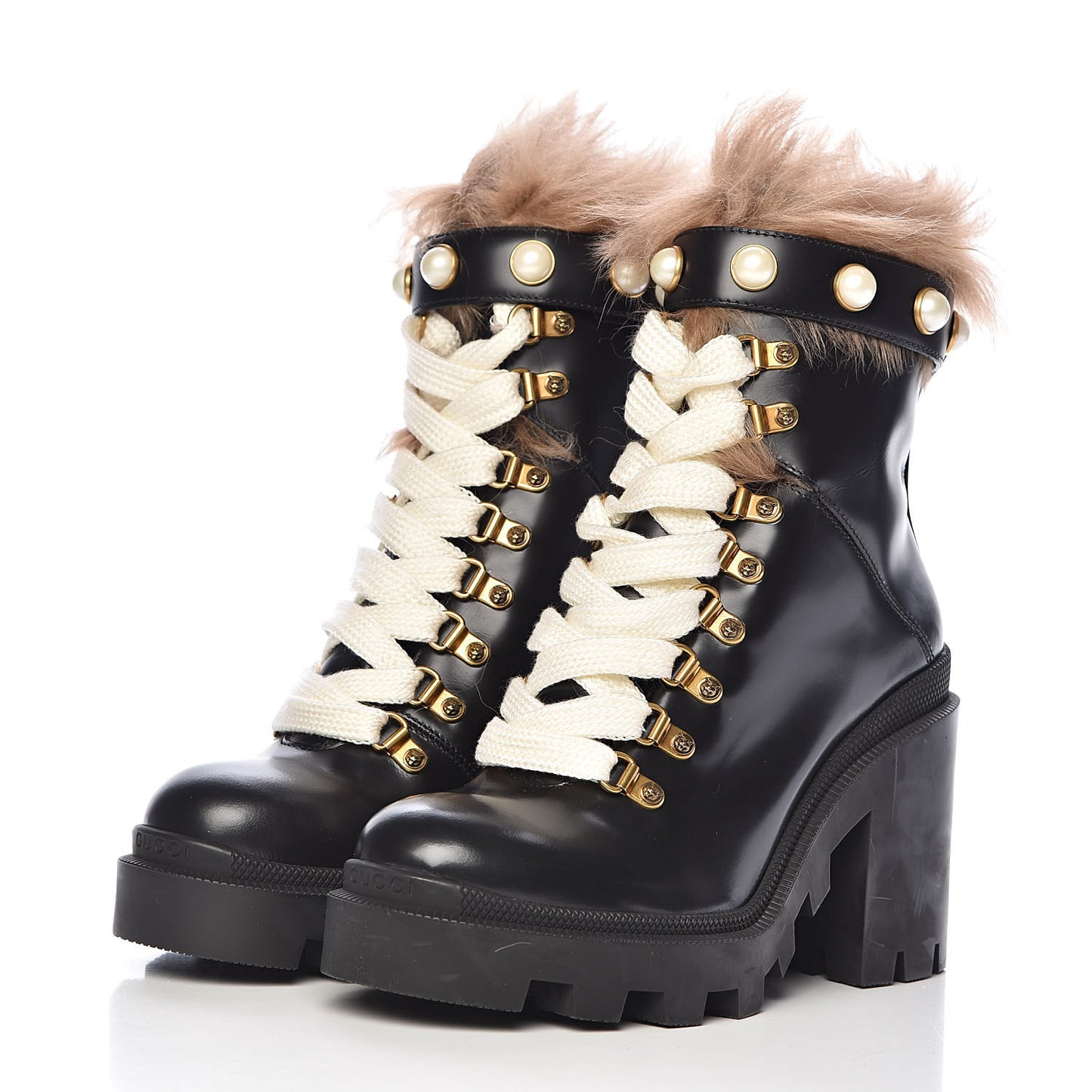 Magnum Calfskin Fur Pearl Lace Up Combat Ankle Boots 37.5 Black Naturale