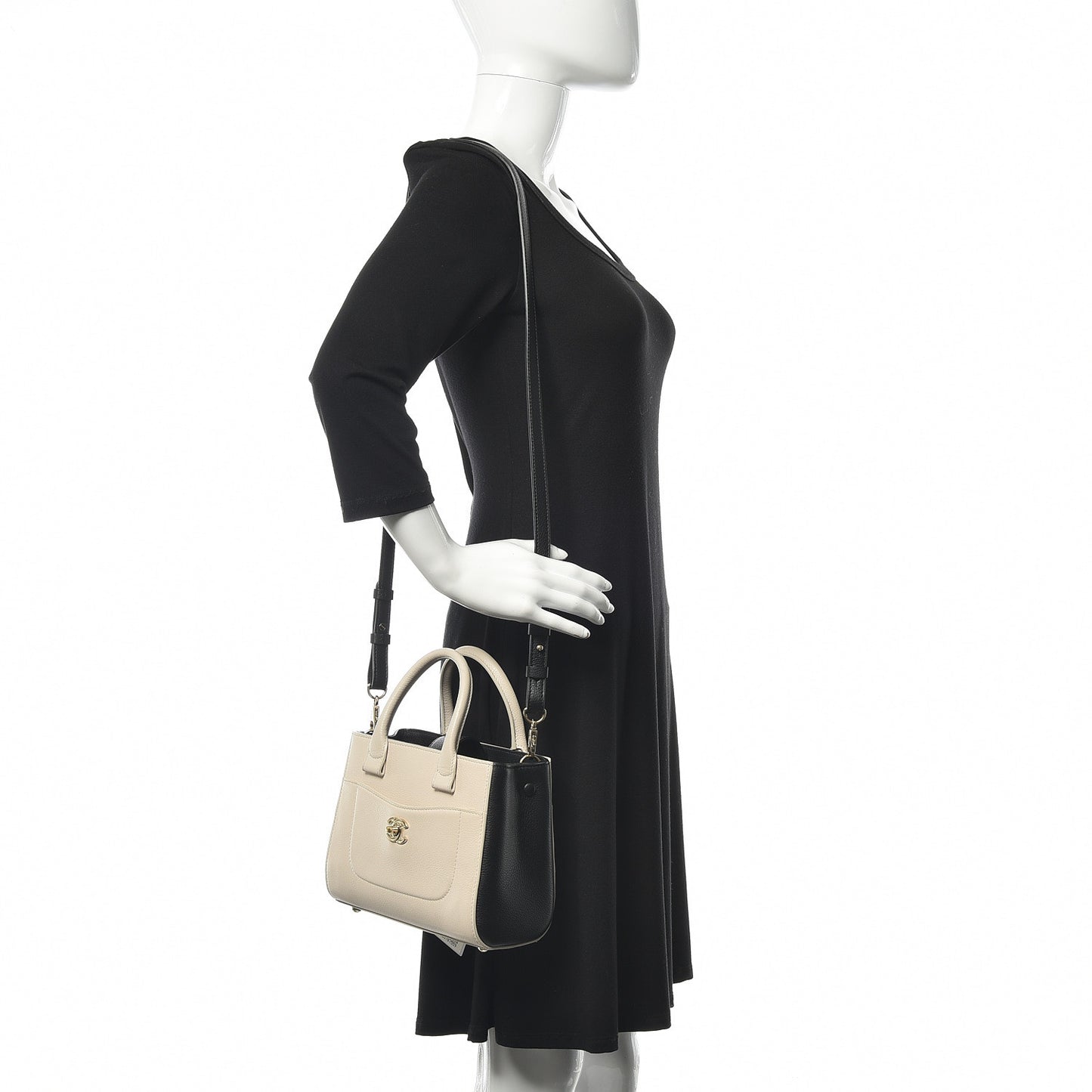 Grained Calfskin Mini Bi-Color Neo Executive Shopper Tote Beige Black
