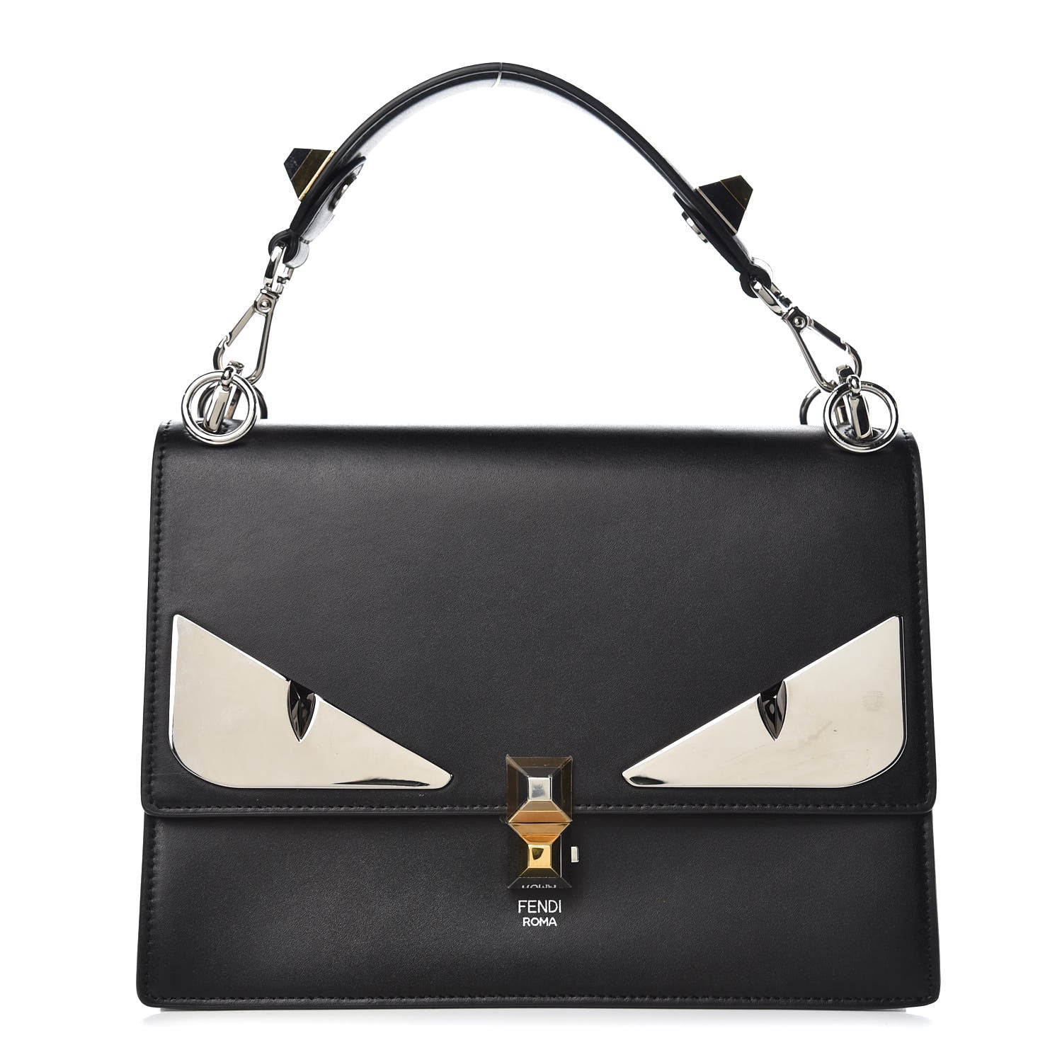 Fendi Vitello Liberty Lucido Metal Monster Eyes Studded Kan I Shoulder Bag Black 1 of 10