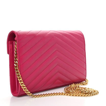 Saint Laurent Grain De Poudre Matelasse Chevron Monogram Chain Wallet Lipstick Fuchsia 4 of 10