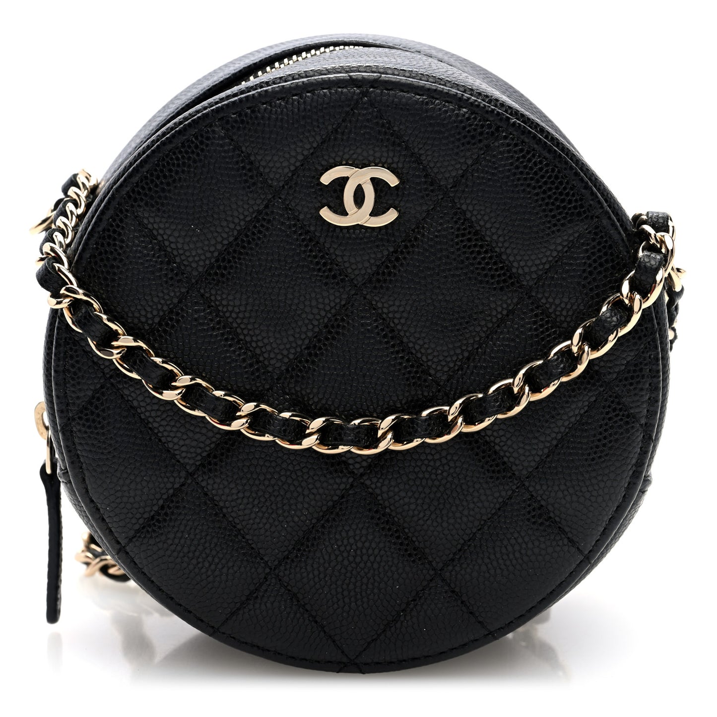 Caviar Quilted Round Clutch With Chain Black