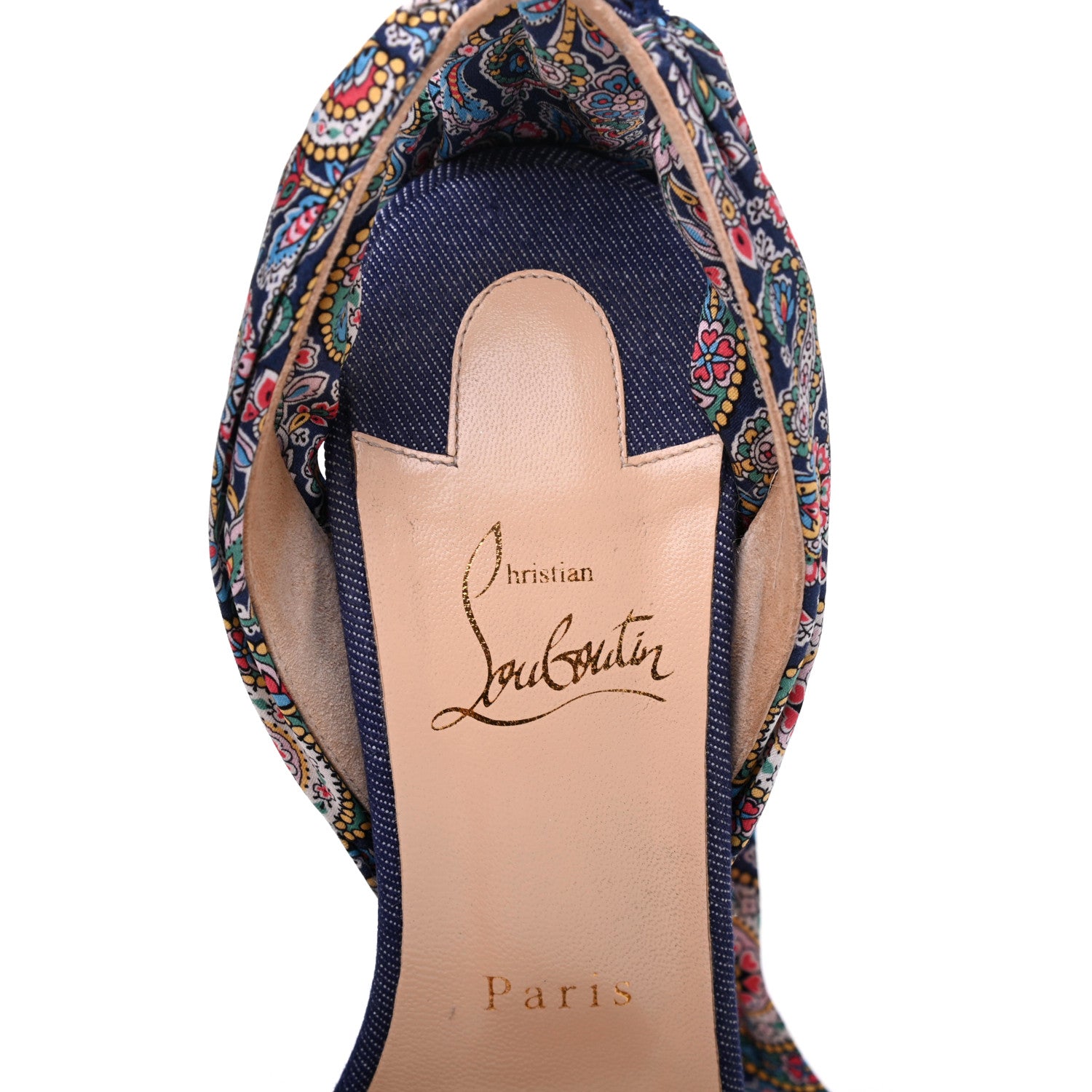 Christian Louboutin Denim Satin Paisley Du Desert 100 Sandals 38.5 Blue 7 of 13