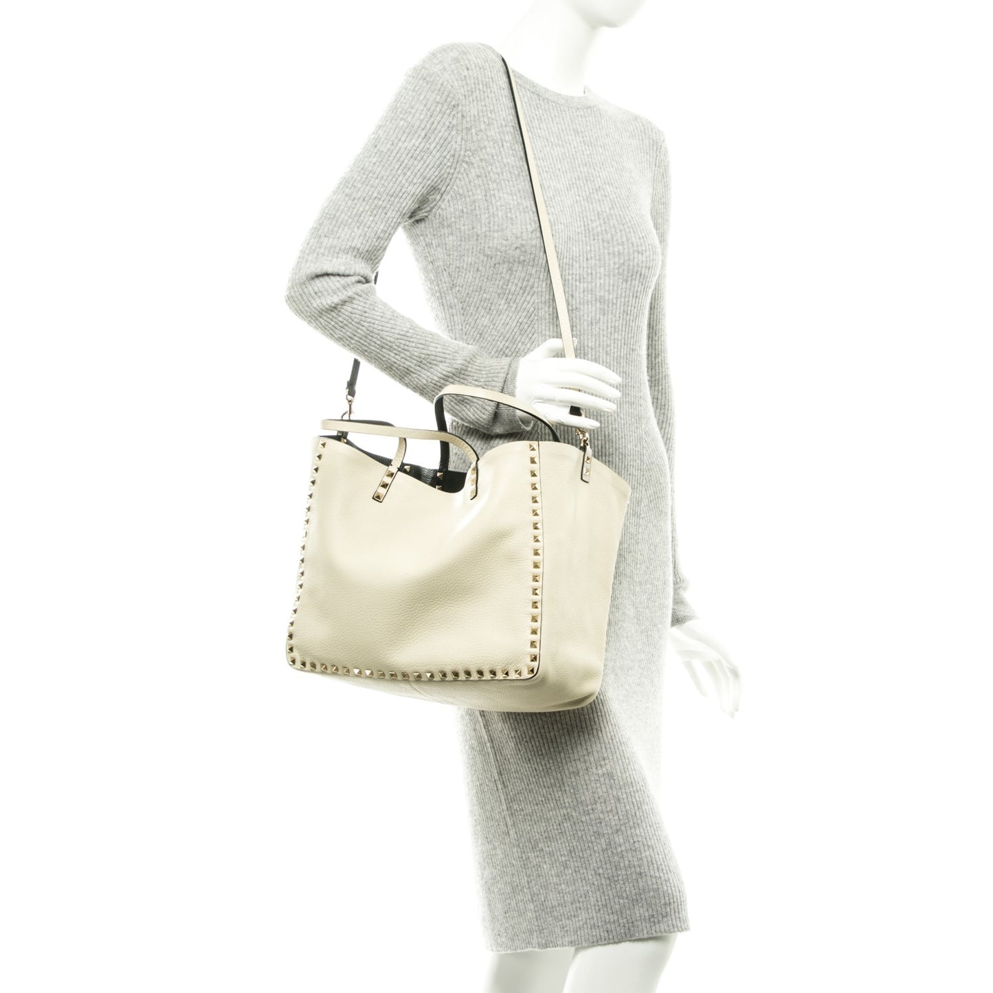 Grained Calfskin Medium Rockstud Reversible Tote Black Ivory