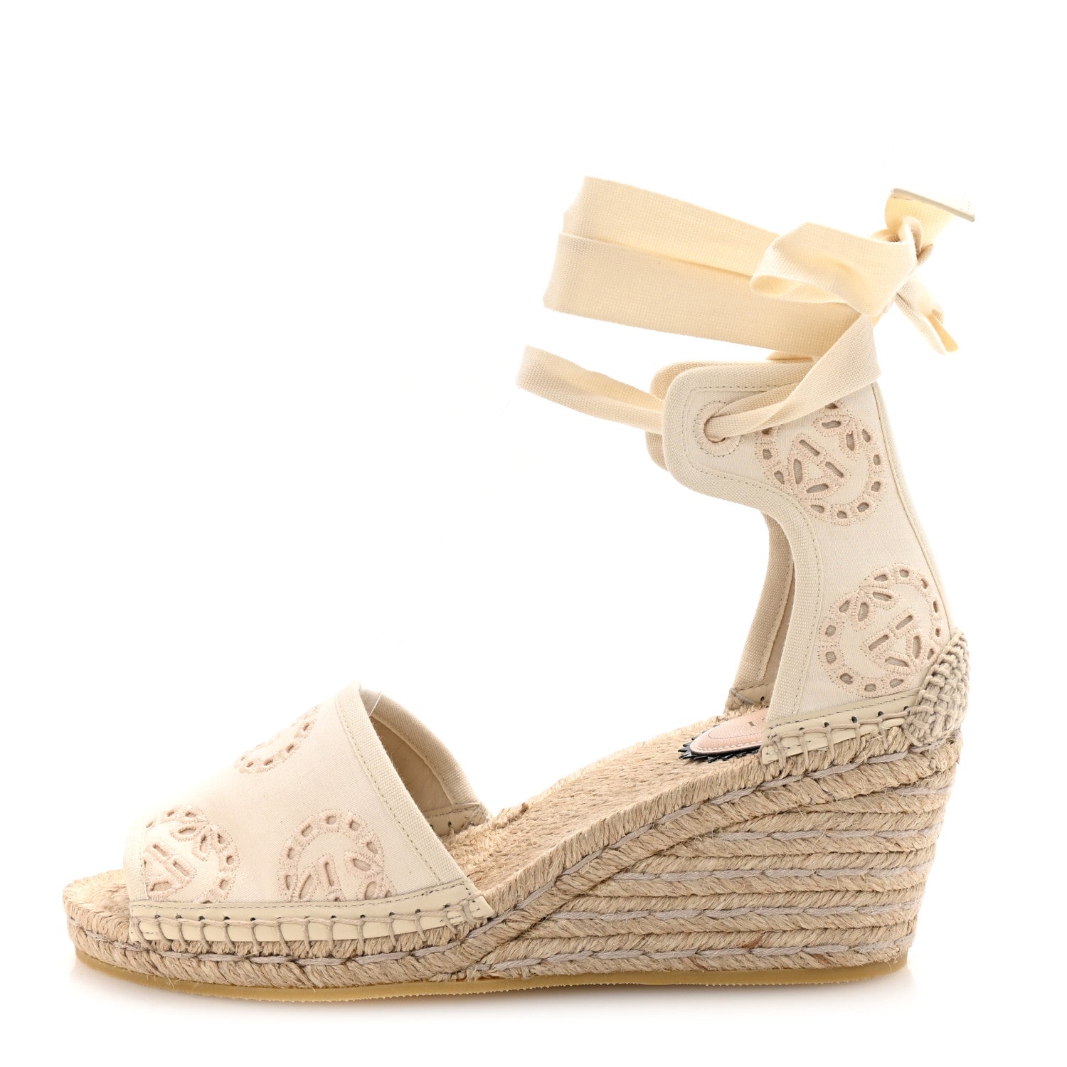 Gucci Canvas Damita GG Eyelet Espadrille Wedge Sandals 37.5 Ivory 1 of 10