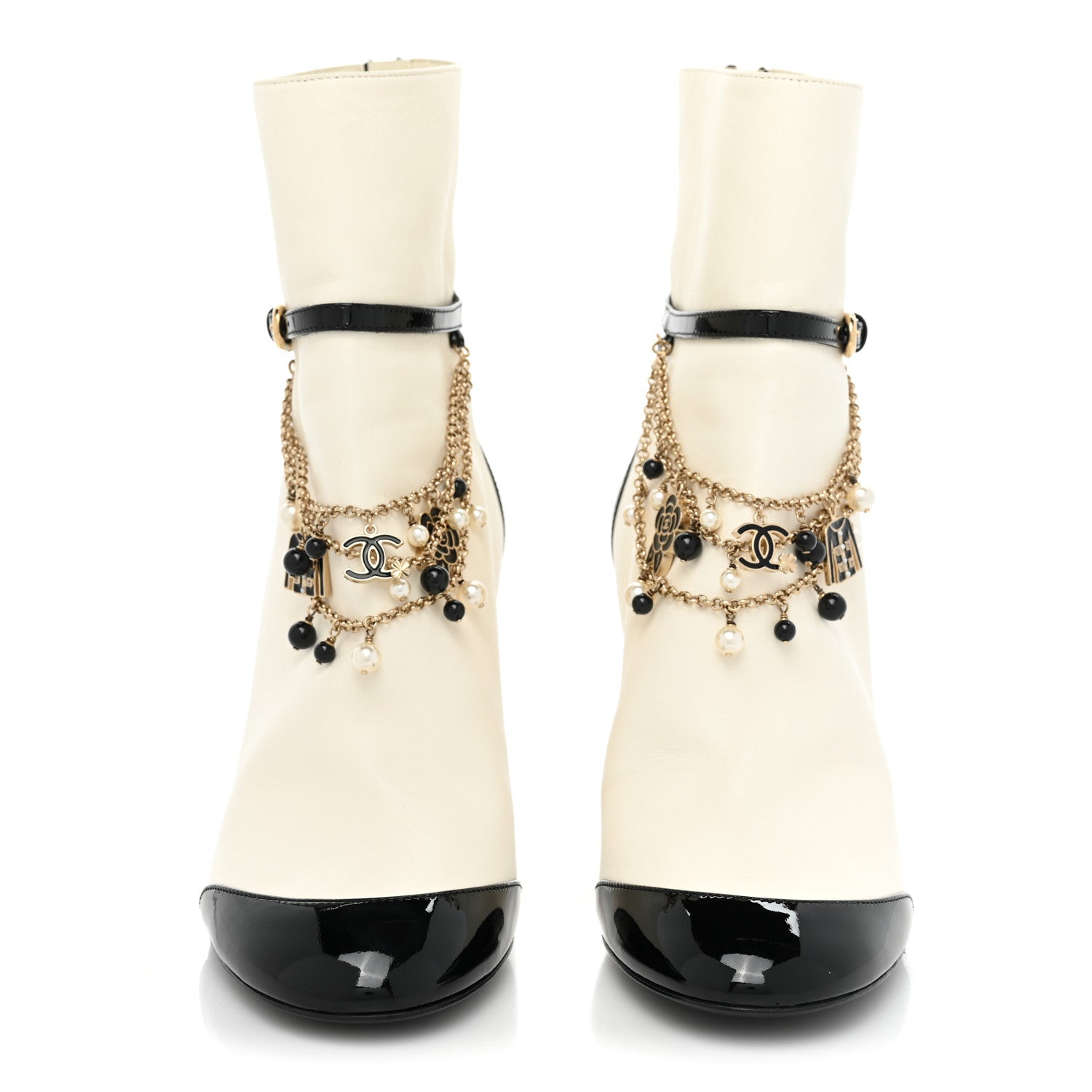 Chanel Lambskin Patent Calfskin Charms Ankle Boots 40 Ivory Black 2 of 8