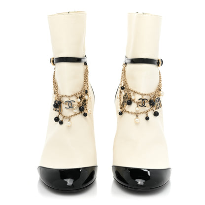 Chanel Lambskin Patent Calfskin Charms Ankle Boots 40 Ivory Black 2 of 8