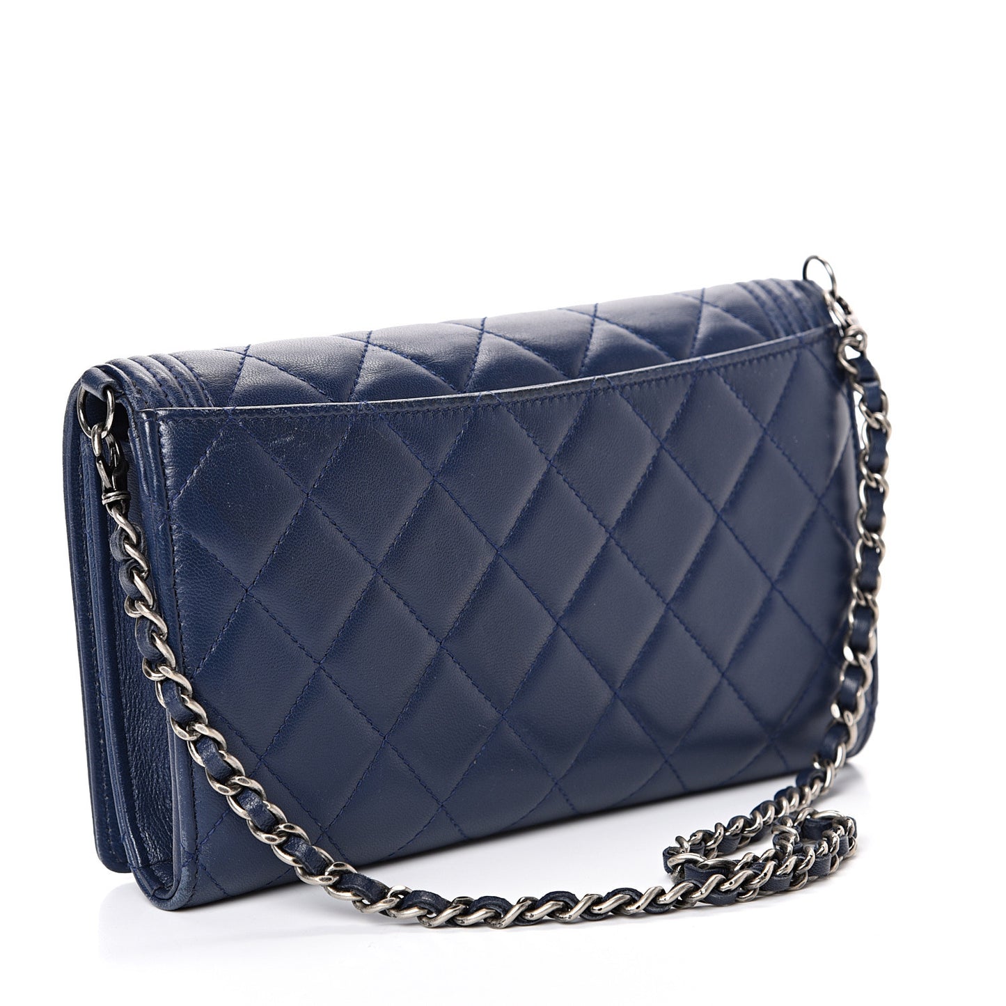 Lambskin Quilted Boy Wallet On Removable Chain WOC Navy Blue