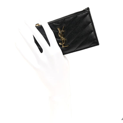 Saint Laurent Grain De Poudre Matelasse Chevron Monogram Fragments Zippered Card Case Black 2 of 10