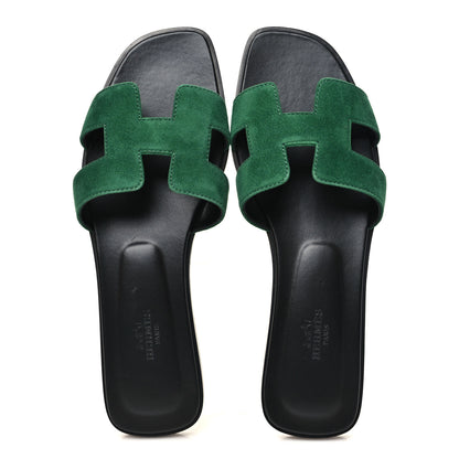 Hermes Suede Goatskin Oran Sandals 38.5 Vert Electrique 2 of 10