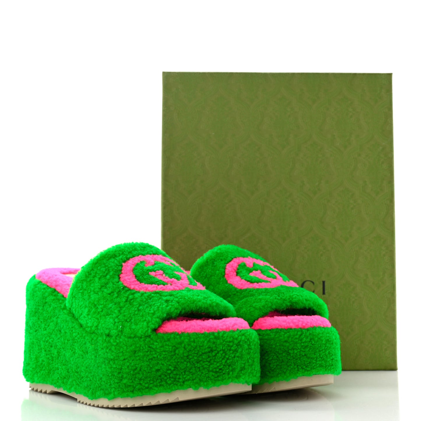 Shearling Interlocking G Womens Elea Platform Slide Wedge Sandals 38 Green Fluo Fuxia Fluo