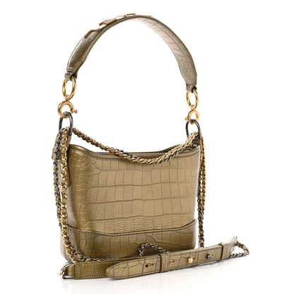Chanel Metallic Calfskin Crocodile Embossed Cocodile Small Gabrielle Hobo Gold 2 of 12