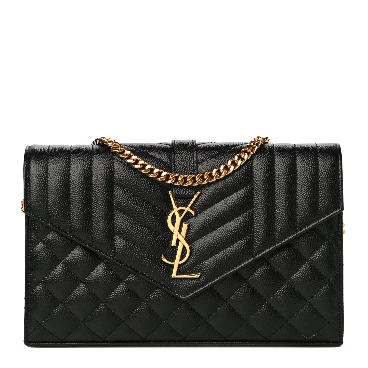 Saint Laurent Grain De Poudre Mixed Matelasse Triquilt Monogram Chain Wallet Black 1 of 11