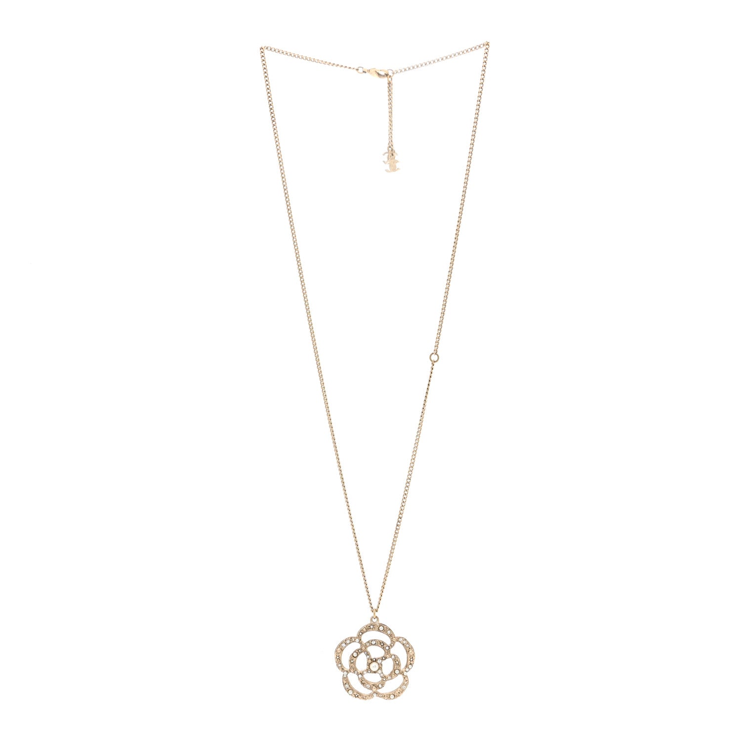 Chanel Pearl Crystal Large Camellia Pendant Necklace Light Gold 3 of 5
