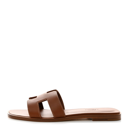 Hermes Box Calfskin Oran Sandals 37.5 Gold 1 of 9
