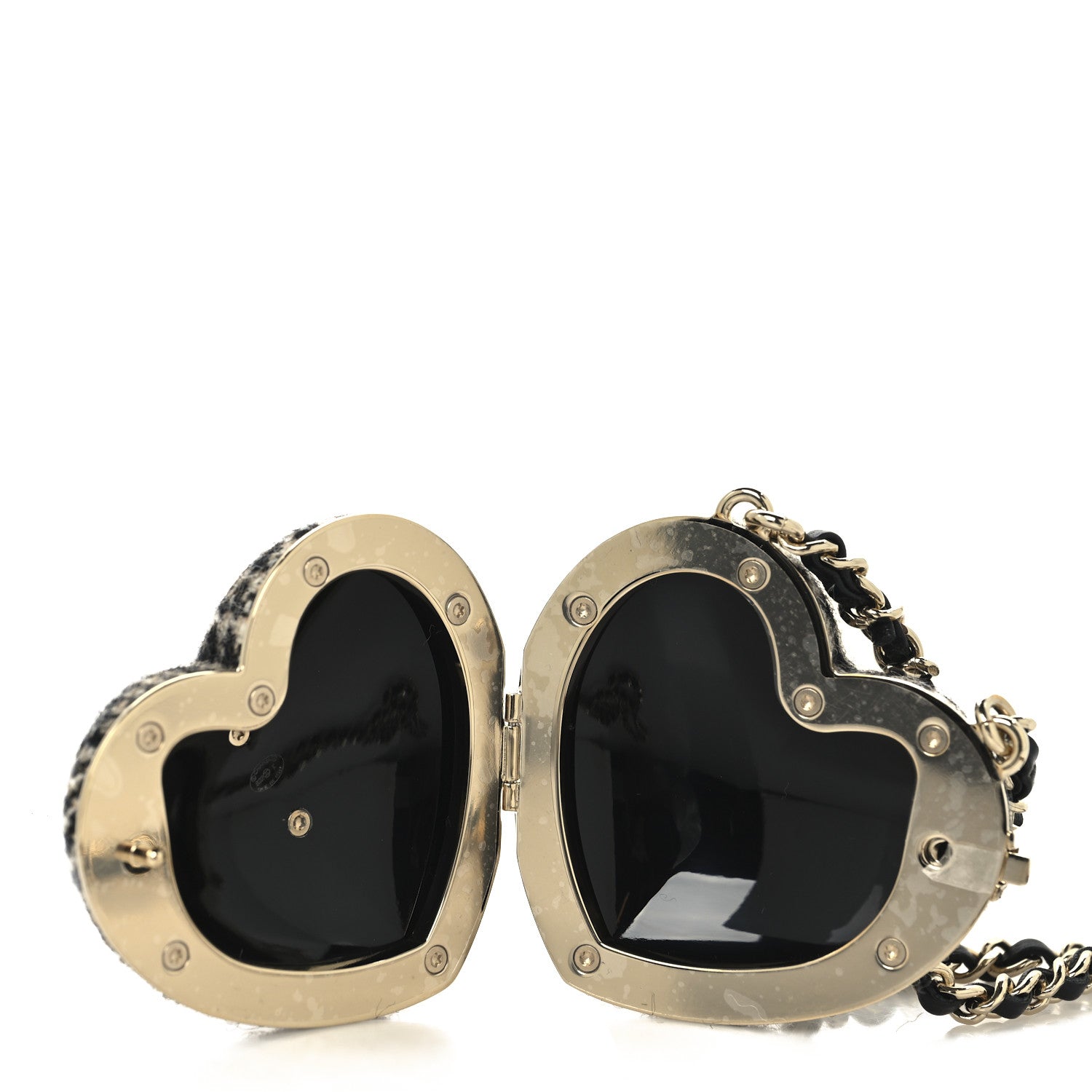 Chanel Tweed Lambskin CC Heart Locket Necklace Gold Black Beige 4 of 6