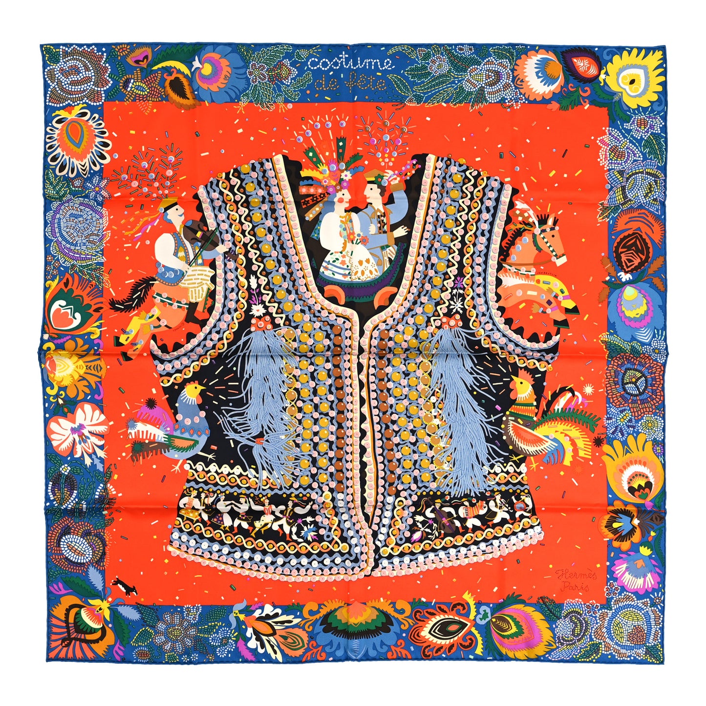 Silk Costume de Fete Scarf 90 Vermillon Bleu Azur Multicolore