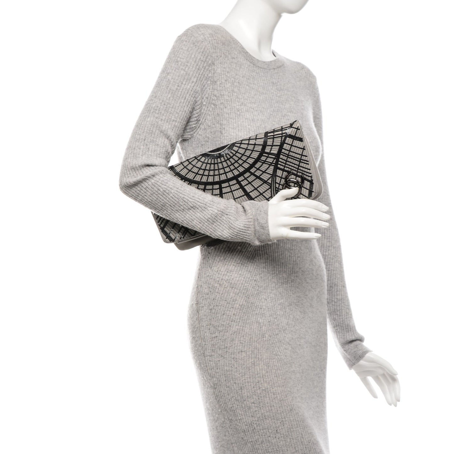 Calfskin Sequin Embellished Clutch Flap Grey Black