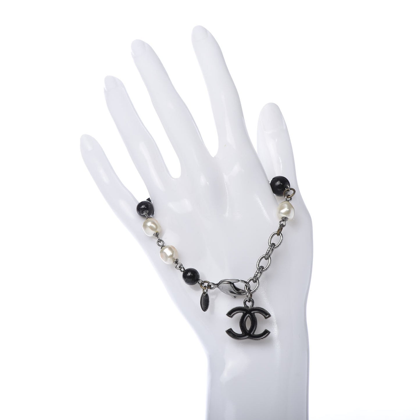Enamel Pearl Beaded CC Bracelet Black Silver