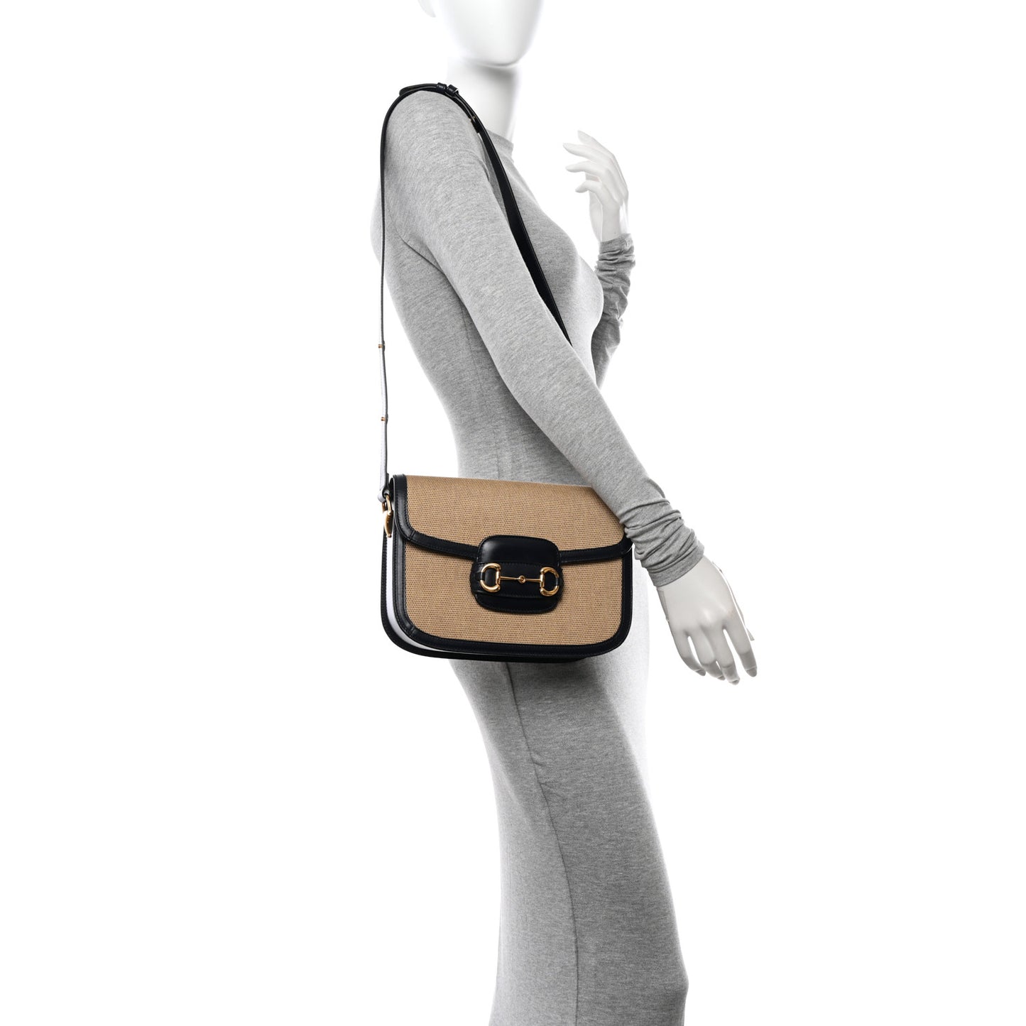 Vintage Rice Canvas Plutone Calfskin Horsebit 1955 Shoulder Bag Beige Blue