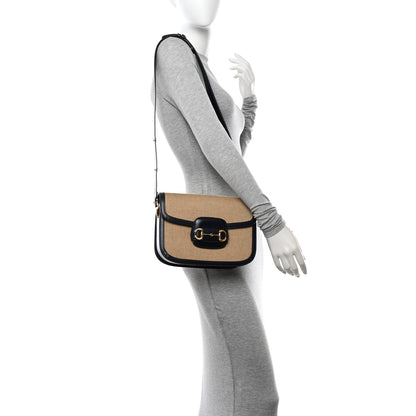 Gucci Vintage Rice Canvas Plutone Calfskin Horsebit 1955 Shoulder Bag Beige Blue 3 of 11
