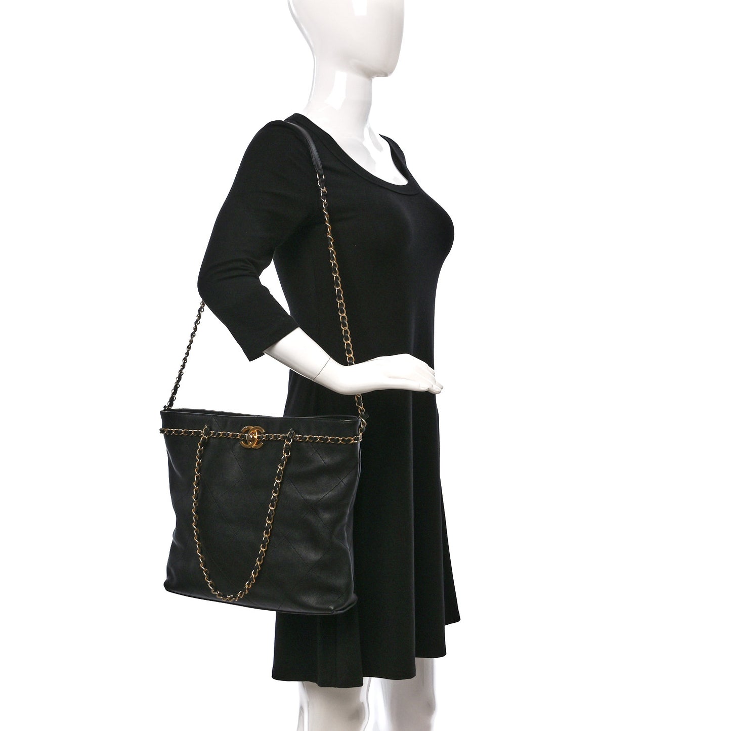 Calfskin Stitched Medium Shopping Tote Black