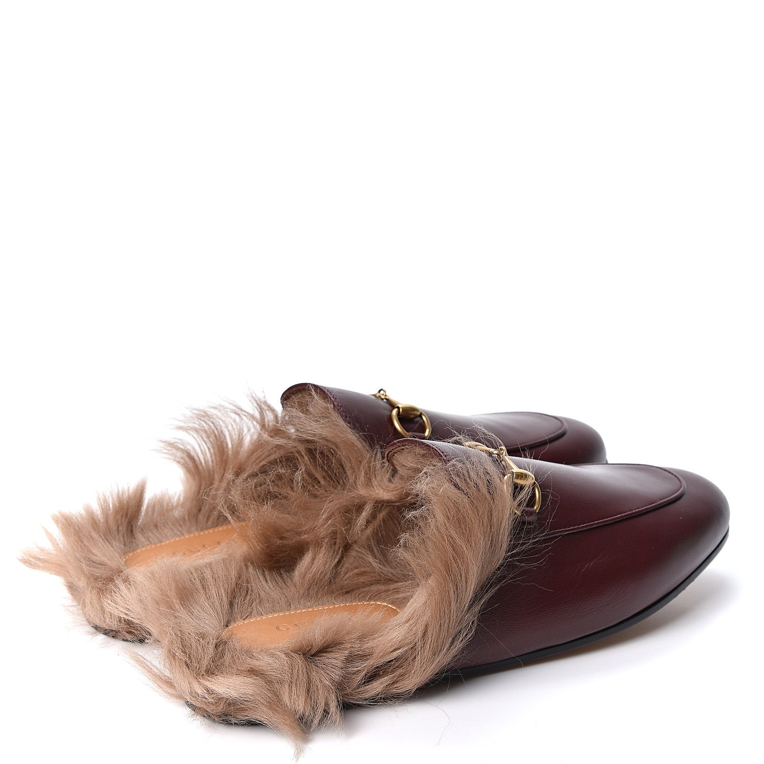 Gucci Malaga Kid Fur Womens Princetown Slippers 37 Vintage Bordeaux Naturale 5 of 9