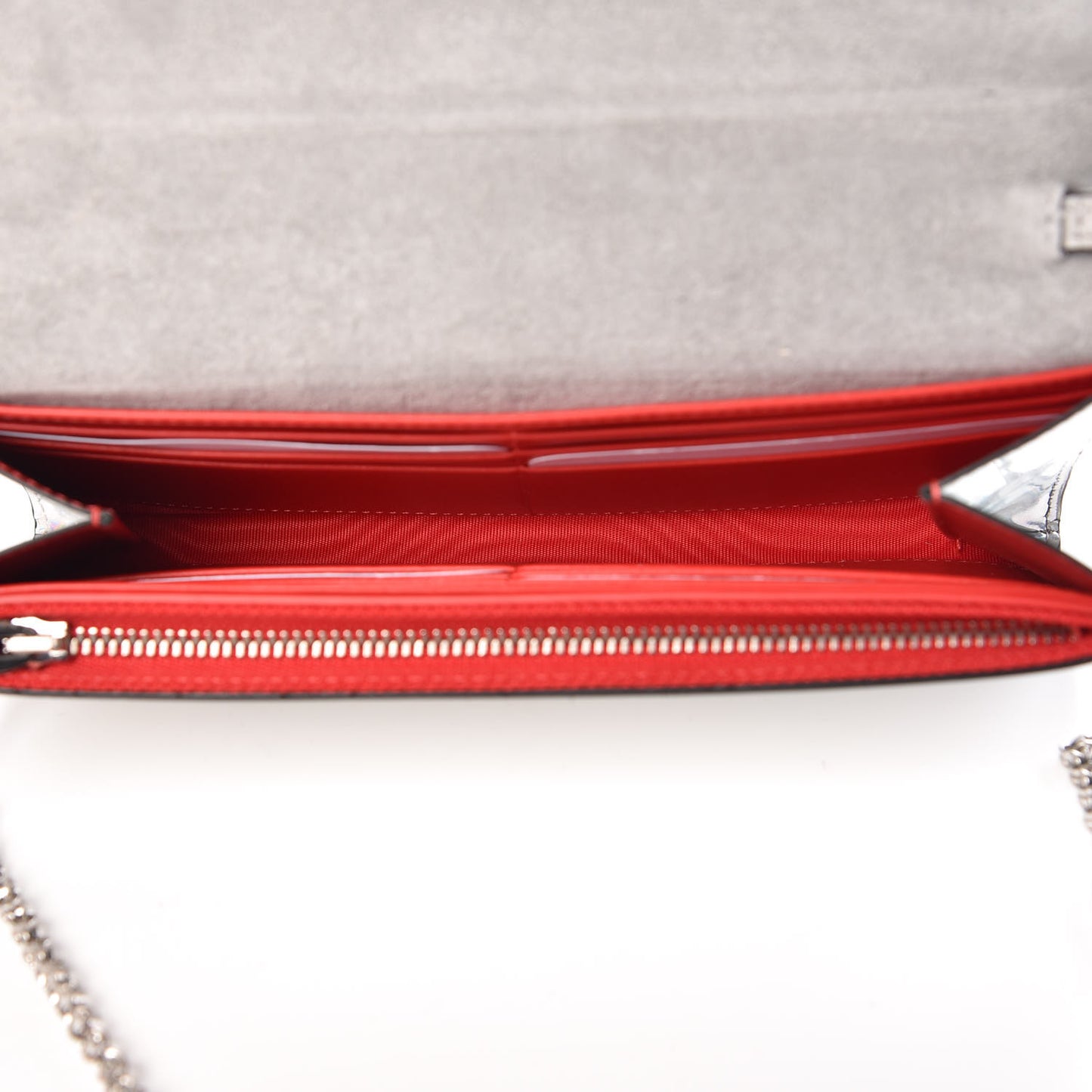 Metallic Patent Calfskin Spikes Boudoir Chain Wallet Silver