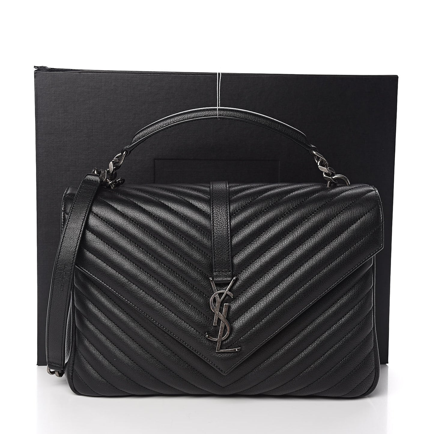 Sheepskin Matelasse Chevron Monogram Large College Satchel Black