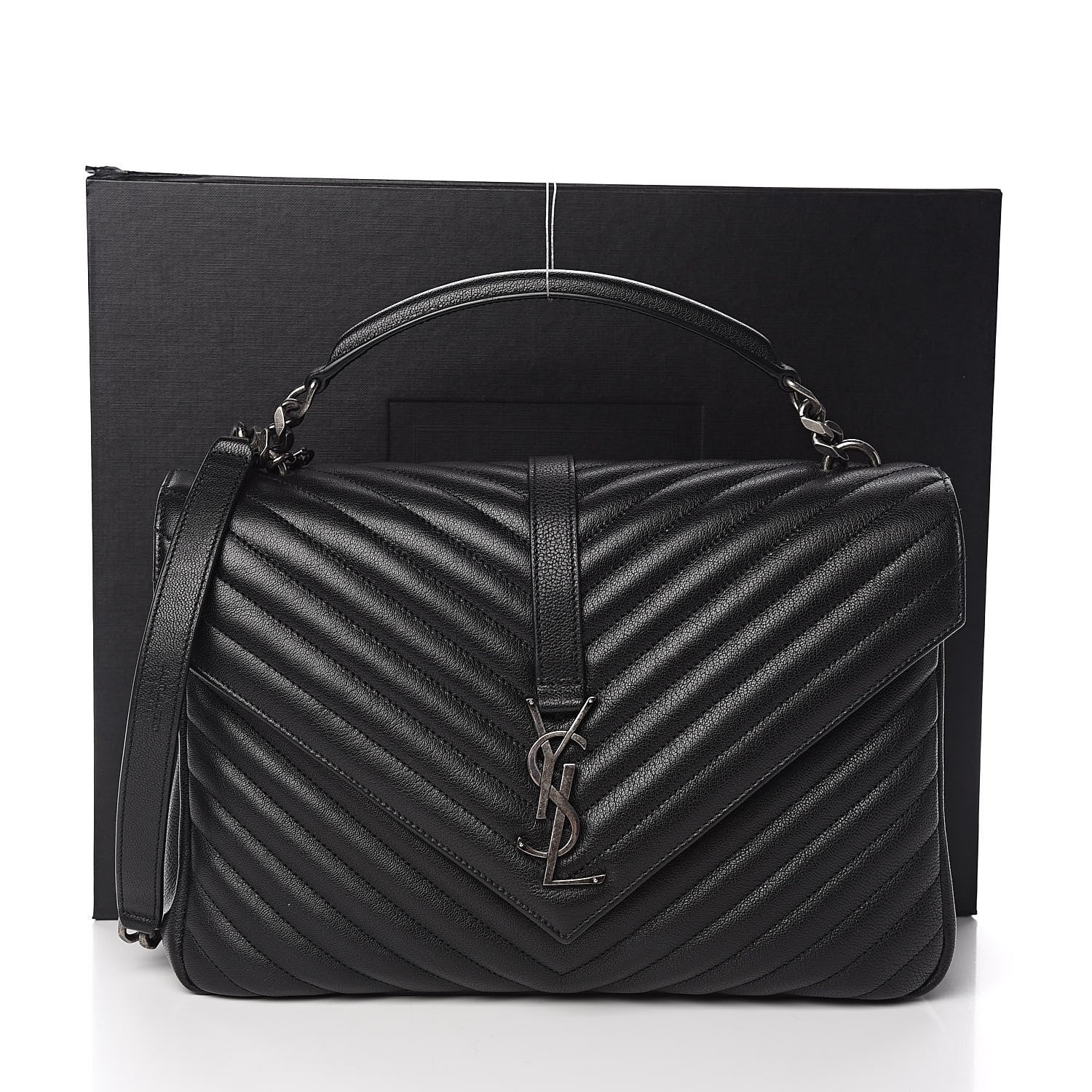 Saint Laurent Sheepskin Matelasse Chevron Monogram Large College Satchel Black 11 of 11