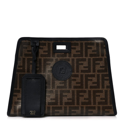 Fendi Glazed Fabric Vitello Century FF 1974 Stamp Patch Mini Peekaboo Defender Cover Mogano Panna Black 1 of 14