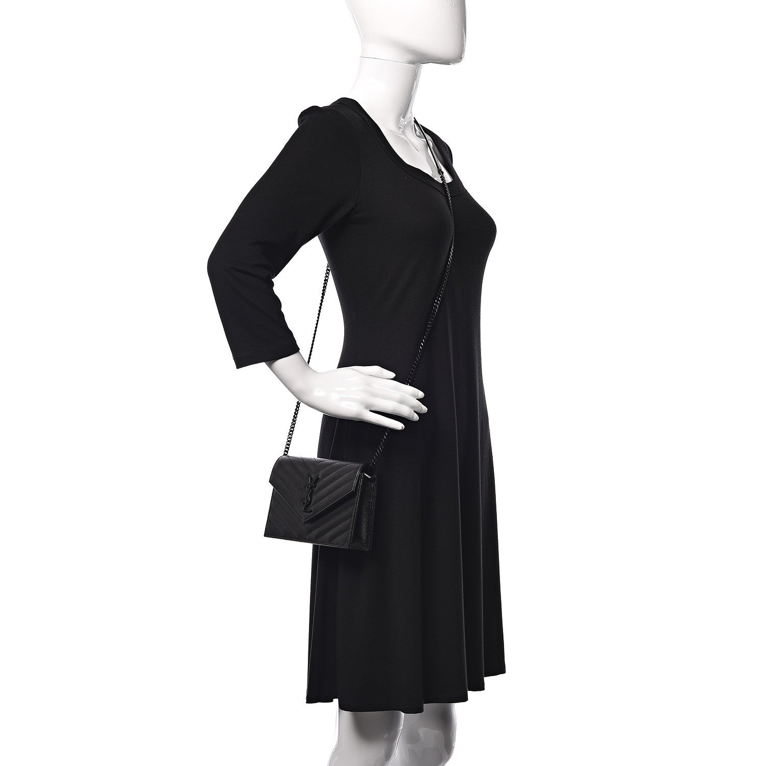 Saint Laurent Grain De Poudre Matelasse Chevron Monogram Envelope Chain Wallet Black 2 of 11