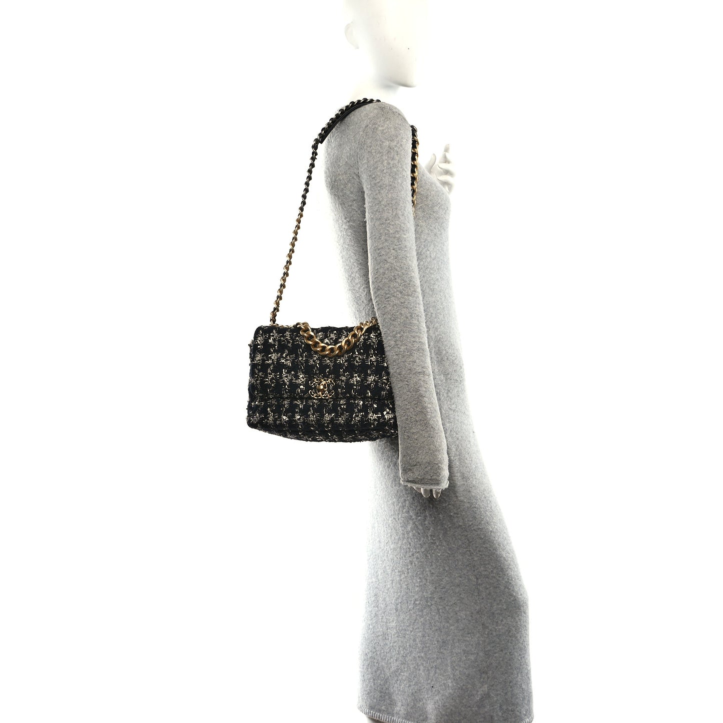 Tweed Quilted Large Chanel 19 Flap Black Silver Ecru