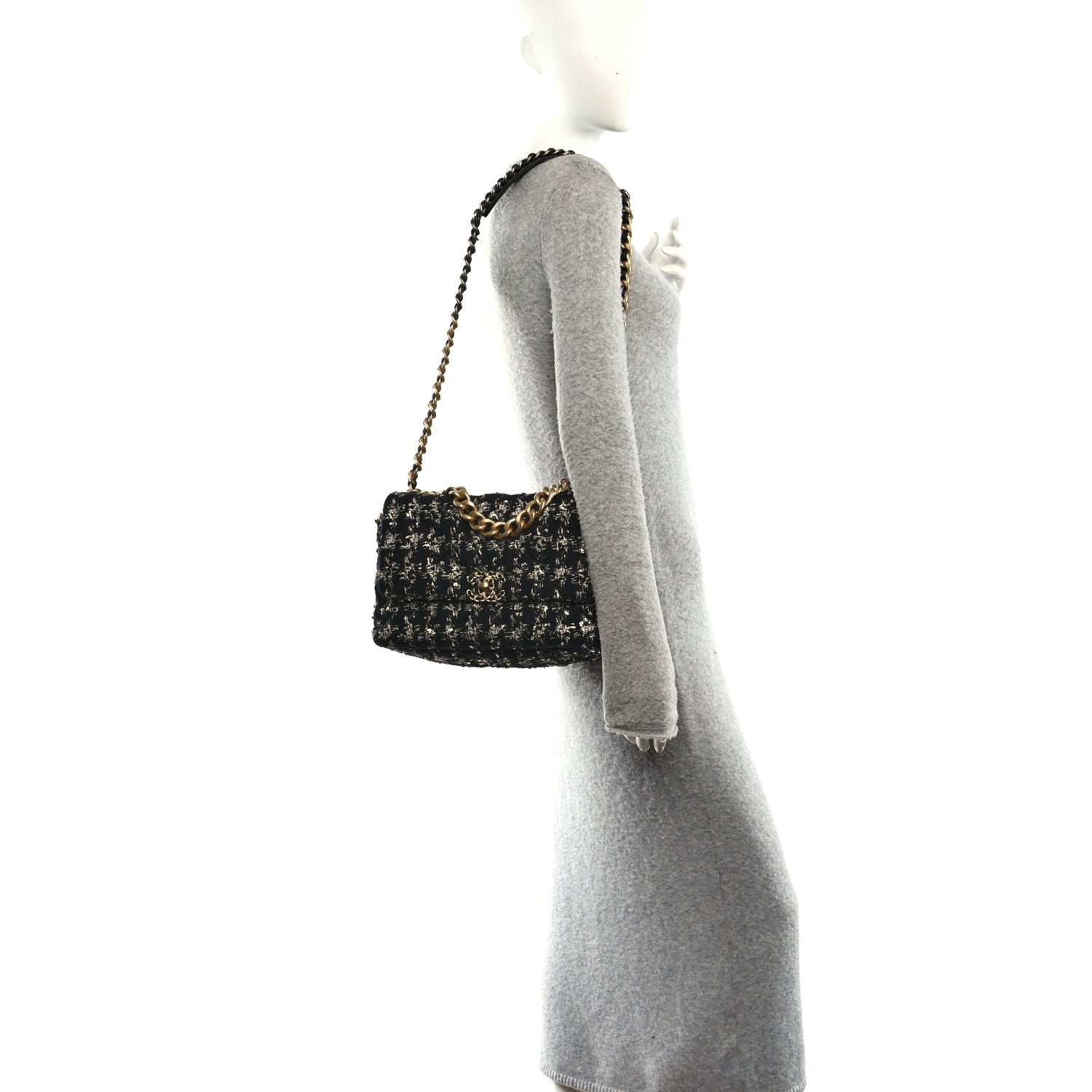 Chanel Tweed Quilted Large Chanel 19 Flap Black Silver Ecru 2 of 10