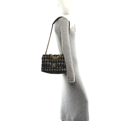 Chanel Tweed Quilted Large Chanel 19 Flap Black Silver Ecru 2 of 10