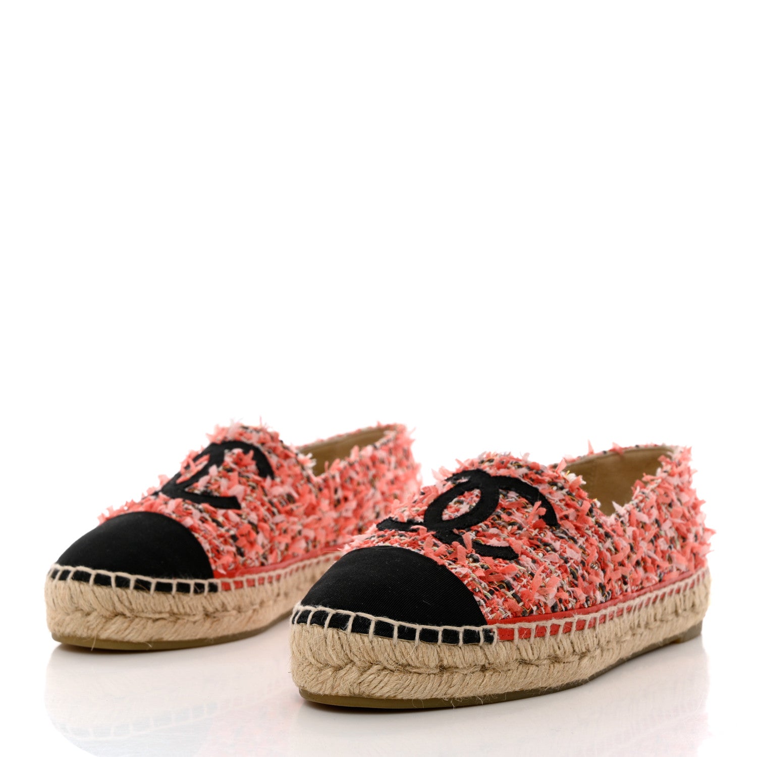 Chanel Tweed Grosgrain CC Espadrilles 36 Coral Red Pink Black 3 of 8