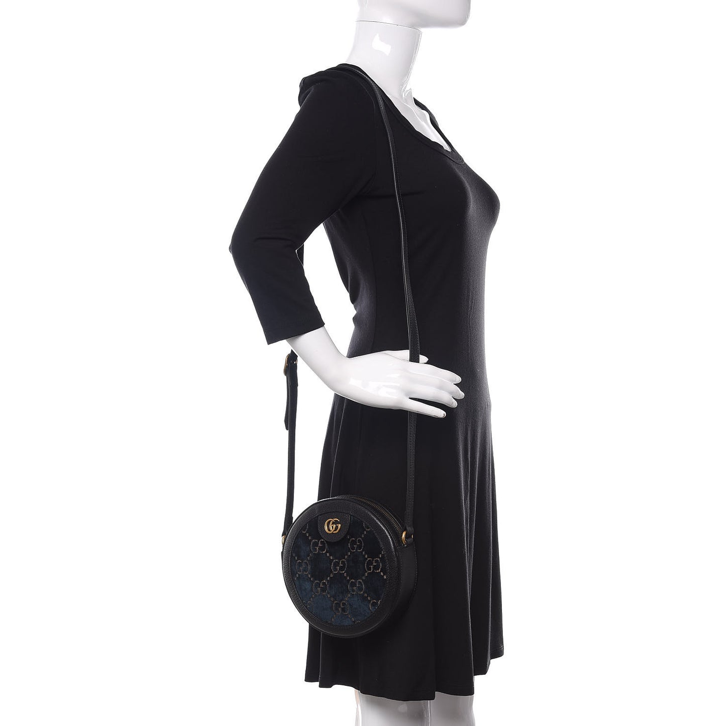 Velvet Calfskin GG Monogram Round Shoulder Bag Blue Beige