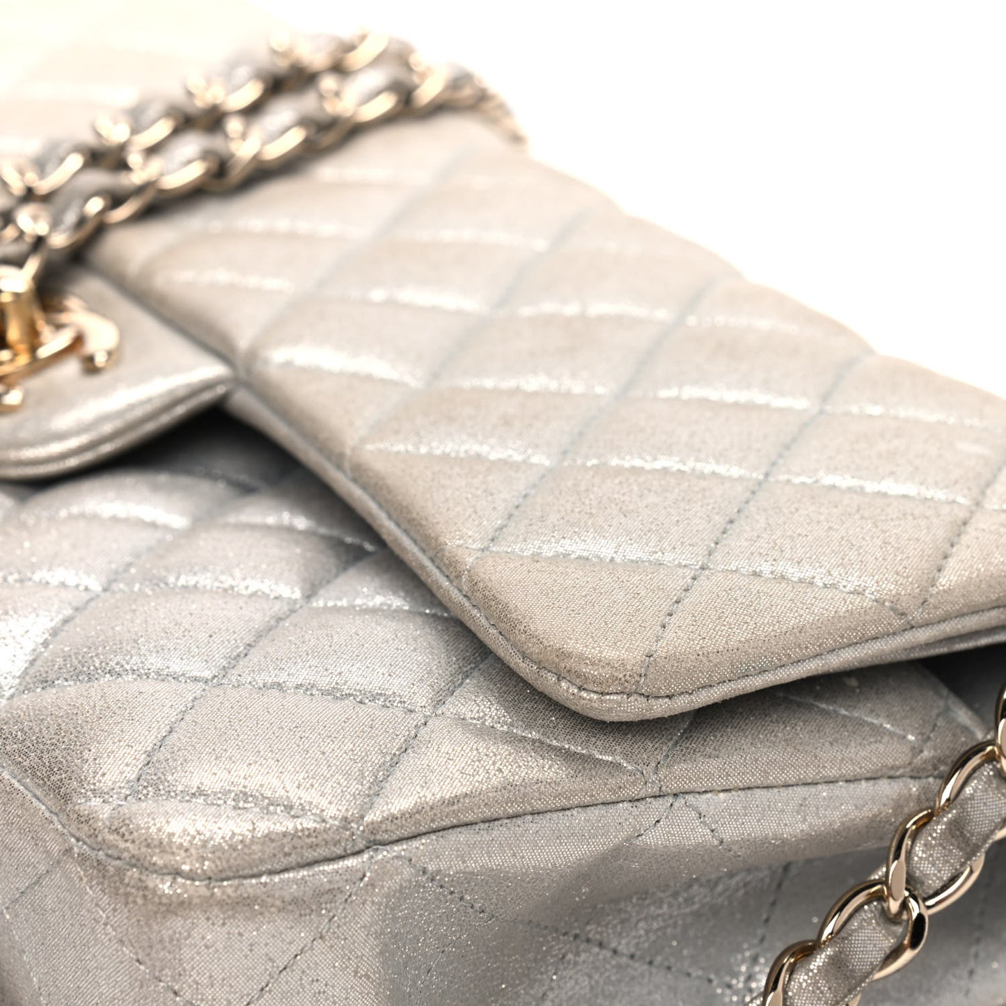 Iridescent Calfskin Quilted Medium Double Flap Silver