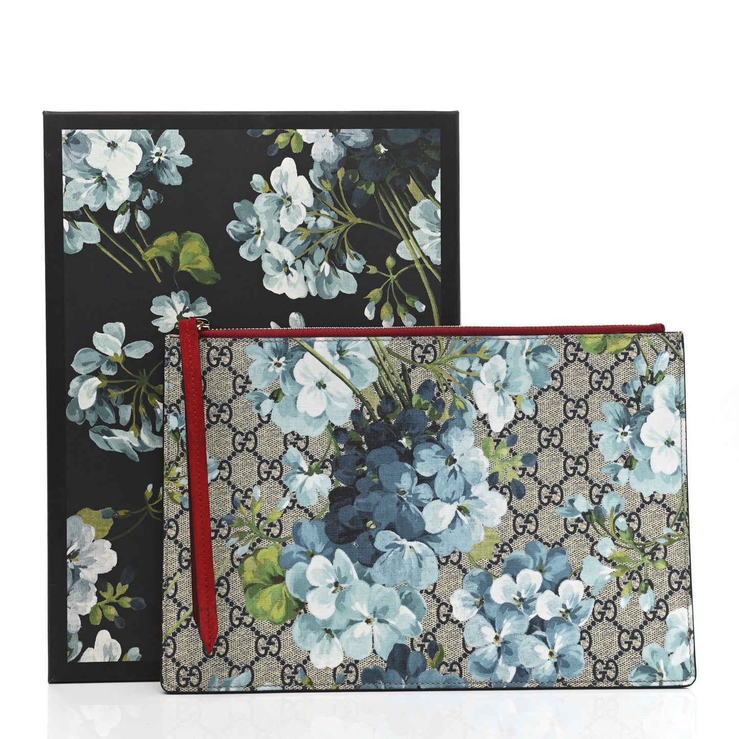 GG Supreme Monogram Blooms Suede Large Zip Pouch Blue