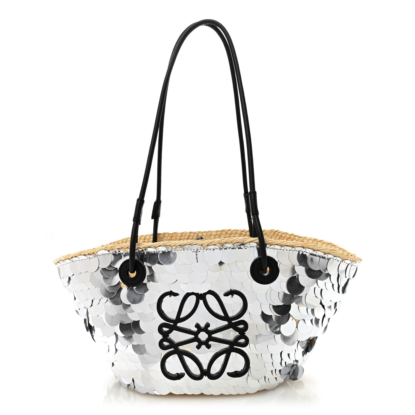 Sequin Raffia Paulas Ibiza Small Anagram Basket Tote Bag Silver Natural
