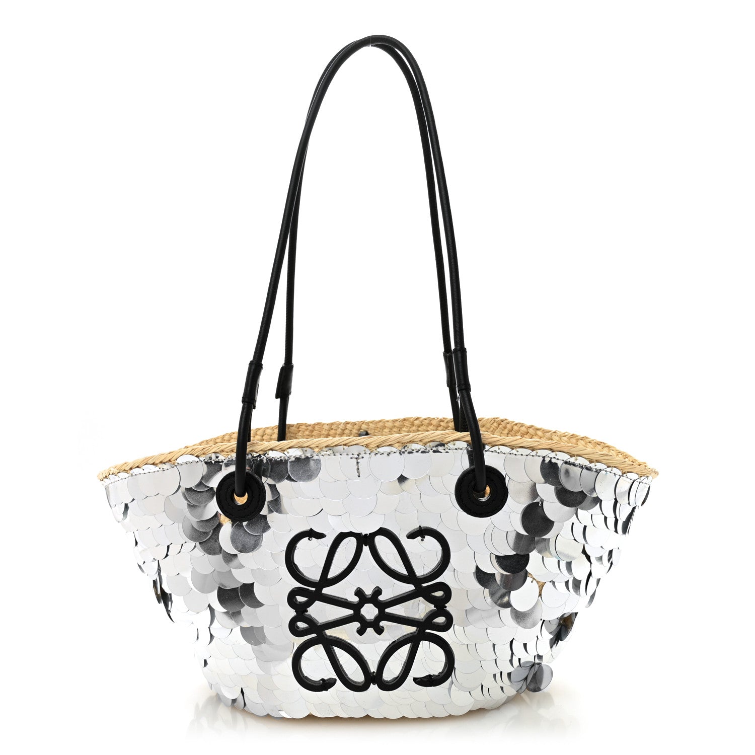 Loewe Sequin Raffia Paulas Ibiza Small Anagram Basket Tote Bag Silver Natural 1 of 10