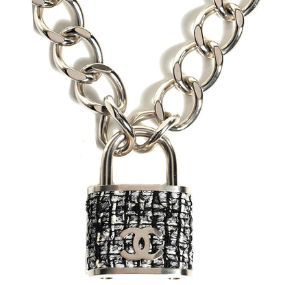 Chanel Tweed CC Oversized Padlock Chain Necklace Silver 1 of 5