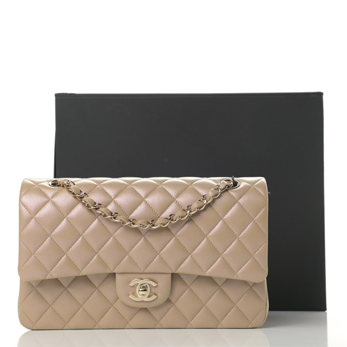 Iridescent Caviar Quilted Medium Double Flap Dark Beige
