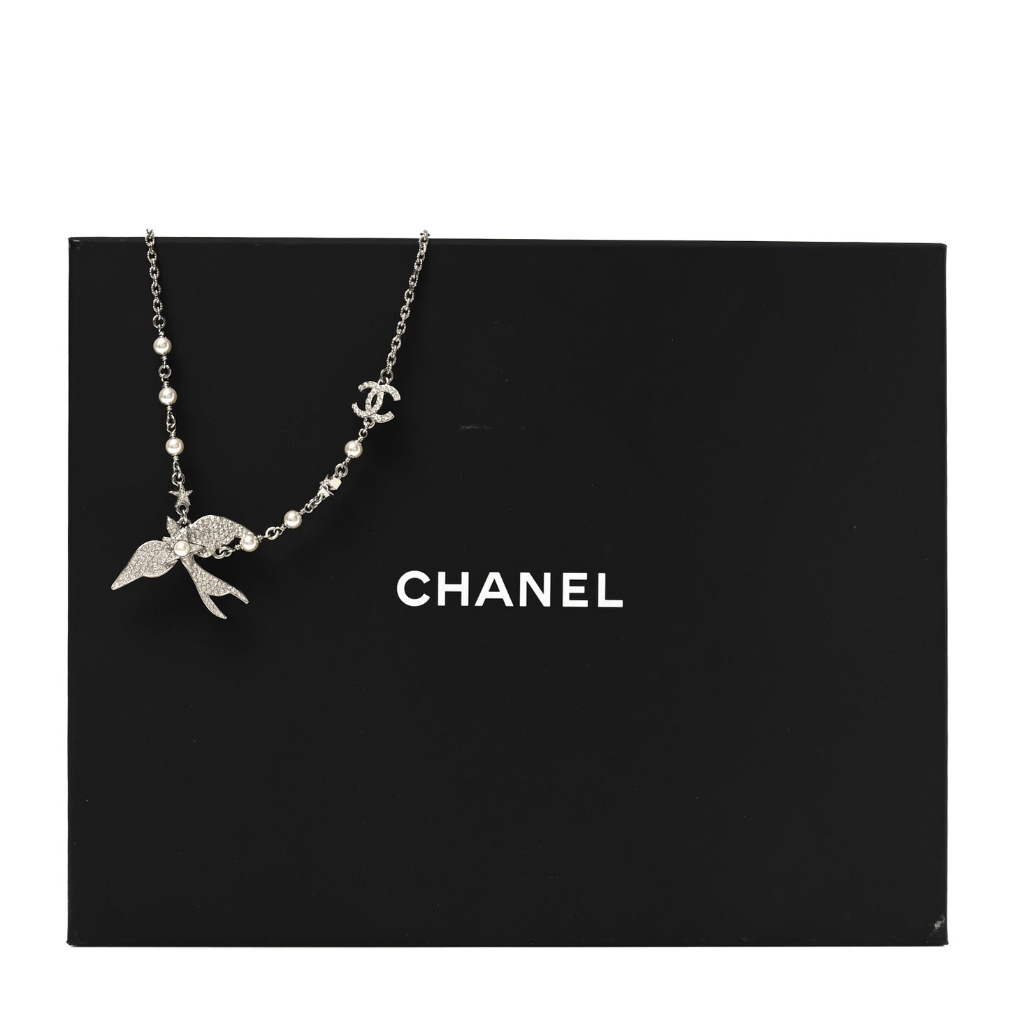 Pearl Crystal CC Star Bird Necklace Silver Pearly White