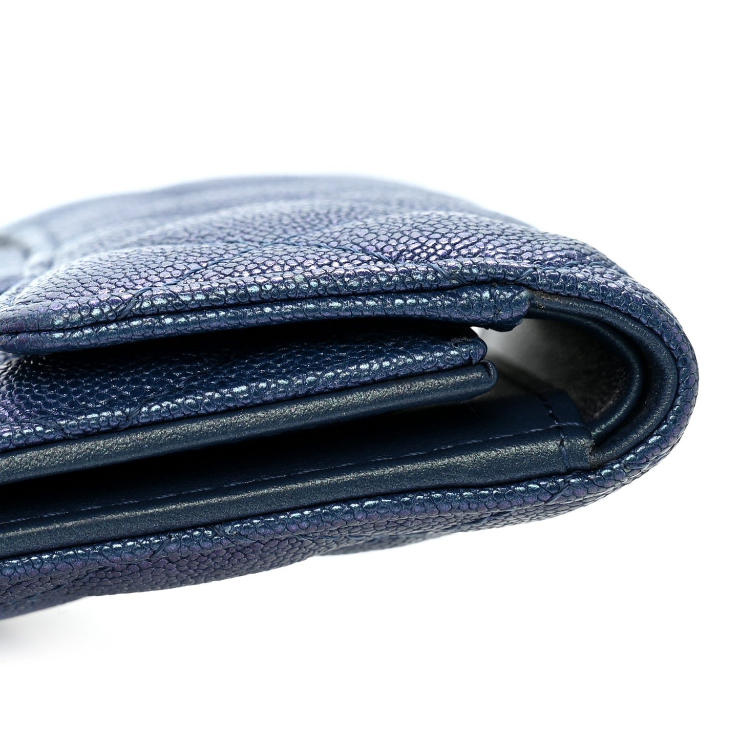 Iridescent Caviar Flap Quilted Card Holder Wallet Dark Blue