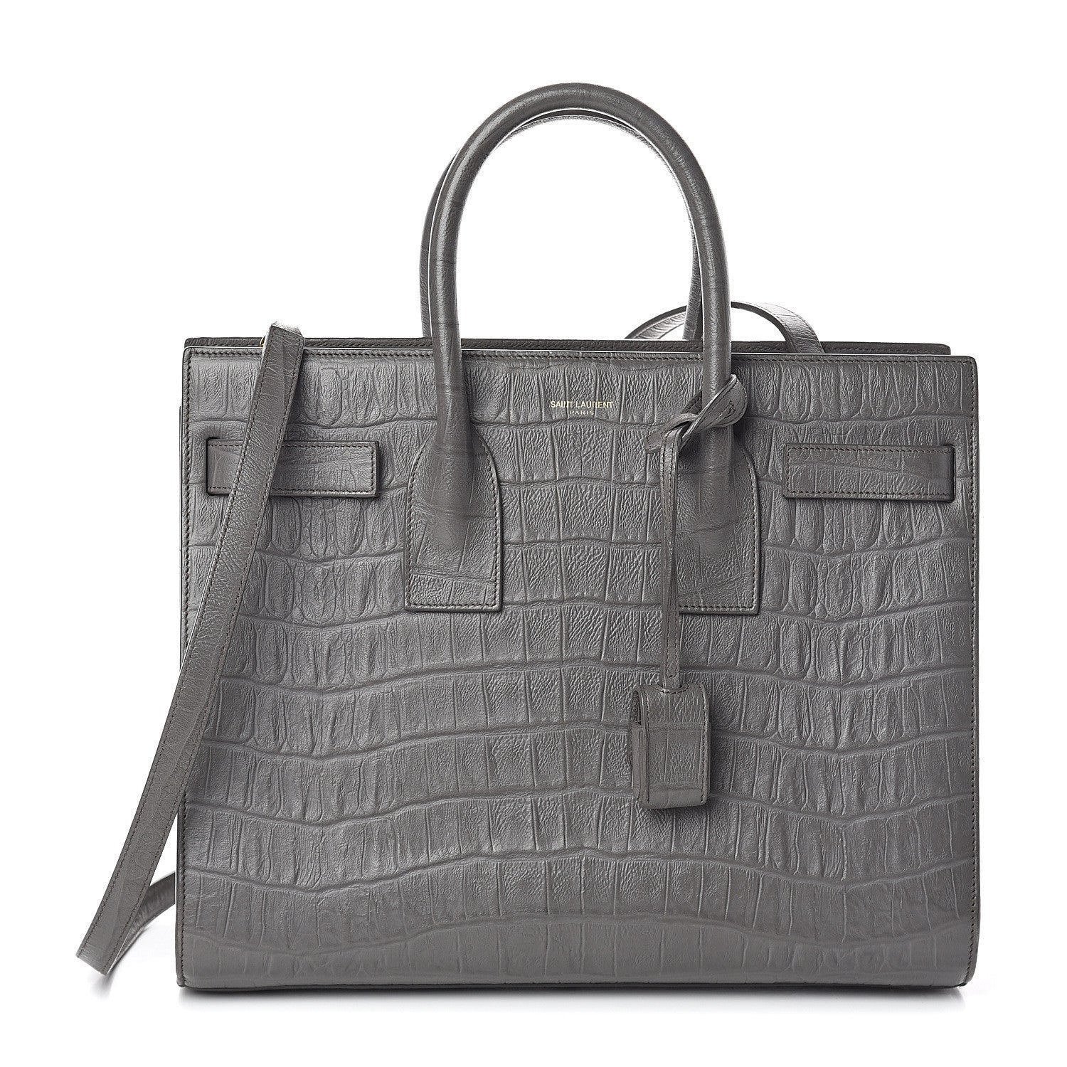 Saint Laurent Calfskin Crocodile Embossed Small Sac De Jour Fog 1 of 9