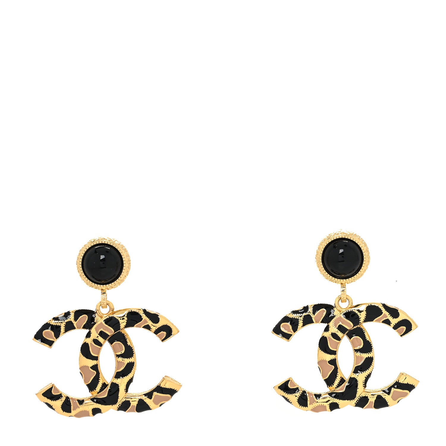 Chanel Metal Leopard Print CC Earrings Gold Black Beige 1 of 4