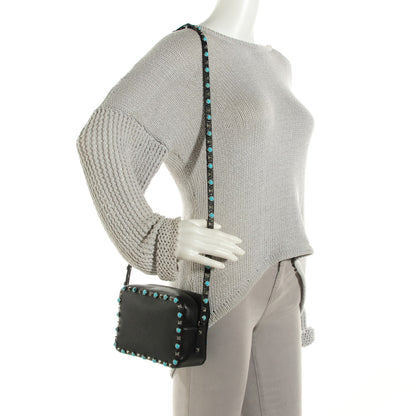 Valentino Garavani Grained Calfskin Turquoise Rockstud Rolling Camera Crossbody Bag Black 2 of 7